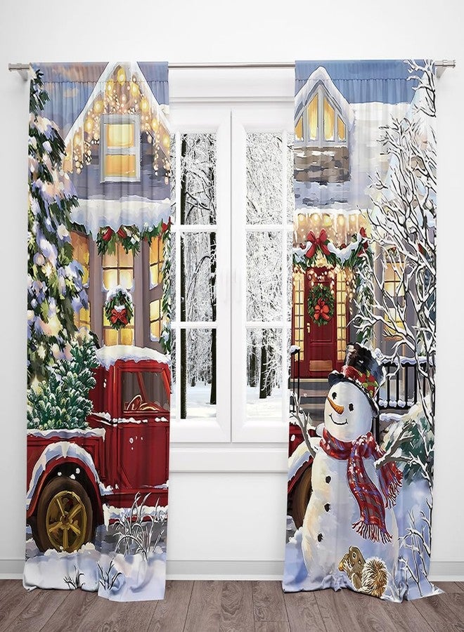 DOTOOMA 82 x 84 Inches Christmas Curtain Red Truck House with Lights On Xmas Tree Colorful Light Pine Tree Bedroom Living Room Window Decoration Drapes 2 Panel - Image 1